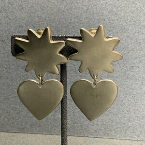 Starburst Heart Clip-On Earrings 2.5 In As Is Matte Silver Retro 50s 60s 80s 90s